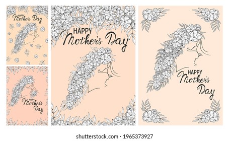 Hand drawn set vector silhouette of Woman`s face, hair with flowers, baby in line art. Mother holding her newborn baby and looking at him. Lettering Happy Mother's Day. Motherhood card illustration