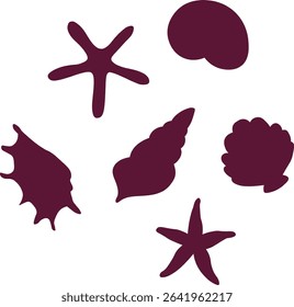 Hand drawn set of vector silhouettes of shells. Seashells, starfish and mussel collection. Sea creatures