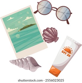 Hand drawn set of vector summer items and elements in flat style. Vacation illustration in cartoon stylisation. Flat lay composition