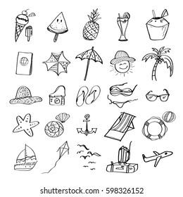 Hand drawn set of vector symbols and objects for summer beach
