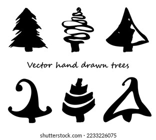 Hand drawn set of vector trees. Black silhouette, simple shape, interesting presentation. Christmas tree. lack icon.