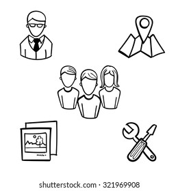 Hand drawn set of vector web icons: user, friends, maps, pictures and tools or settings. Minimalistic lineart style signs collection.