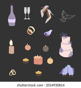 hand drawn set of vector wedding elements such as wedding shoes, rings, candles, doves, glasses, bottle of champagne, cake isolated on grey background