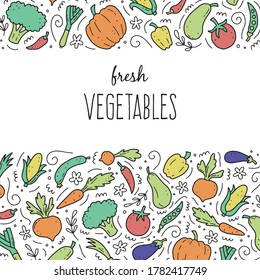 Hand drawn set of vegetable elements, carrot, salad, tomato, onion, lettuce, chili. Comic doodle sketch style. Vegetables element drawn by digital brush-pen. Vector illustration for icon, menu, frame