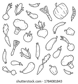 Hand drawn set of vegetable elements, carrot, salad, tomato, onion, lettuce, chili. Comic doodle sketch style. Vegetables element drawn by digital brush-pen. Vector illustration for icon, menu, frame