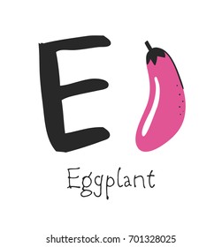 Hand drawn set of vegetable and letter. Vector artistic drawing food and alphabet. Summer illustration eggplant