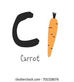 Hand drawn set of vegetable and letter. Vector artistic drawing food and alphabet. Summer illustration carrot