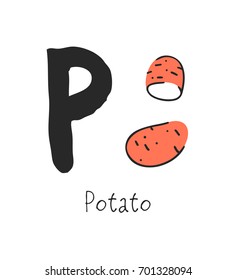 Hand drawn set of vegetable and letter. Vector artistic drawing food and alphabet. Summer illustration potato