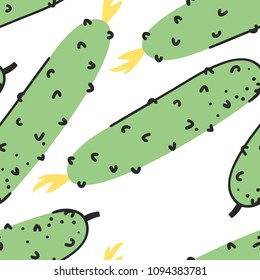 Hand drawn set of vegetable and text. Vector artistic seamless pattern with food. Summer illustration cucumber