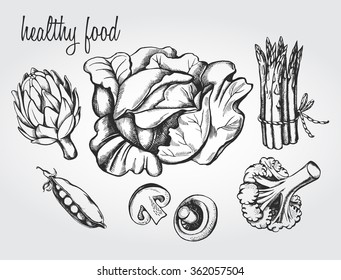 Hand drawn set of vegetables - artichoke, peas, champignon, asparagus, cabbage, broccoli.