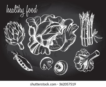 Hand drawn set of vegetables - artichoke, peas, champignon, asparagus, cabbage, broccoli.