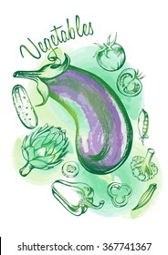 Hand drawn set of vegetables - artichoke, peas, broccoli, eggplant, okra, pepper, cucumber, tomato. Vector illustration.
