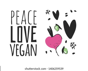 Hand drawn set of vegetables, fruits and eco friendly words. Vector artistic doodle drawing food and Vegan quote. Vegetarian illustration and positive text PEACE LOVE VEGAN