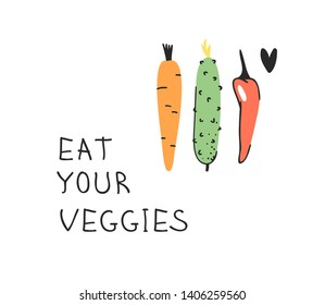 Hand drawn set of vegetables, fruits and eco friendly words. Vector artistic doodle drawing food and Vegan quote. Vegetarian illustration and positive text EAT YOUR VEGGIES