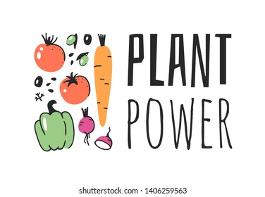 Hand drawn set of vegetables, fruits and eco friendly words. Vector artistic doodle drawing food and Vegan quote. Vegetarian illustration and positive text PLANT POWER