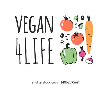 Hand drawn set of vegetables, fruits and eco friendly words. Vector artistic doodle drawing food and Vegan quote. Vegetarian illustration and positive text VEGAN 4 LIFE