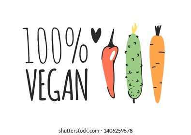 Hand drawn set of vegetables, fruits and eco friendly words. Vector artistic doodle drawing food and Vegan quote. Vegetarian illustration and positive text 100% VEGAN
