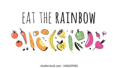 Hand drawn set of vegetables, fruits and eco friendly words. Vector artistic doodle drawing food and Vegan quote. Vegetarian illustration and positive text EAT THE RAINBOW