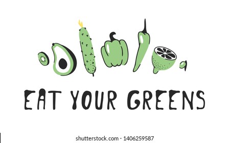 Hand drawn set of vegetables, fruits and eco friendly words. Vector artistic doodle drawing food and Vegan quote. Vegetarian illustration and positive text EAT YOUR GREENS