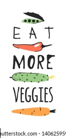 Hand drawn set of vegetables, fruits and eco friendly words. Vector artistic doodle drawing food and Vegan quote. Vegetarian illustration and positive text EAT MORE VEGGIES