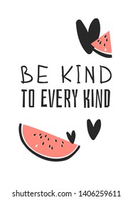 Hand drawn set of vegetables, fruits and eco friendly words. Vector artistic doodle drawing food and Vegan quote. Vegetarian illustration and positive text BE KIND TO EVERY KIND