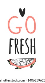 Hand drawn set of vegetables, fruits and eco friendly words. Vector artistic doodle drawing food and Vegan quote. Vegetarian illustration and positive text GO FRESH