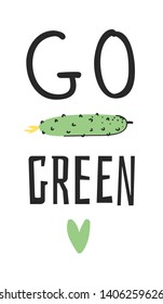 Hand drawn set of vegetables, fruits and eco friendly words. Vector artistic doodle drawing food and Vegan quote. Vegetarian illustration and positive text GO GREEN