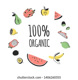 Hand drawn set of vegetables, fruits and eco friendly words. Vector artistic doodle drawing food and Vegan quote. Vegetarian illustration and positive text 100% ORGANIC
