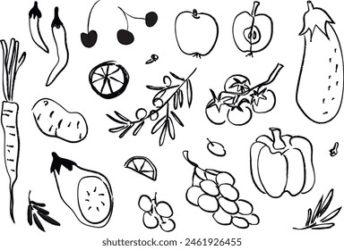 conjunto de verduras y frutas dibujadas a mano. Ilustraciones vectoriales a mano alzada.