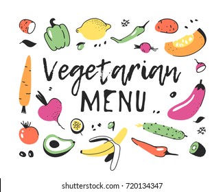 Hand drawn set of vegetables and fruits. Vector artistic drawing food. Vegan illustration pumpkin, potato, pepper, beetroot, eggplant, tomato, cucumber, avocado, carrot, lemon, banana, kiwi,
