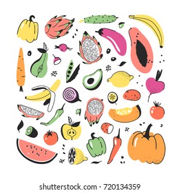 Hand drawn set of vegetables and fruits. Vector artistic drawing food. Vegan illustration pumpkin, potato, pepper, beetroot, eggplant, tomato, cucumber, avocado, carrot, lemon, banana, watermelon