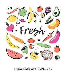 Hand drawn set of vegetables and fruits. Vector artistic drawing food. Vegan illustration pumpkin, potato, pepper, beetroot, eggplant, tomato, cucumber, avocado, carrot, lemon, banana, watermelon