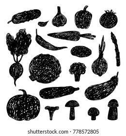 Hand drawn set of vegetables and mushrooms.Vector illustration.
