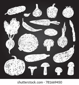 Hand drawn set of vegetables and mushrooms.Vector illustration.