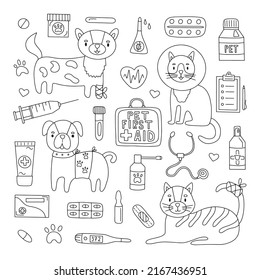 Hand drawn set for veterinary clinic. Pets and medicines for first aid. Doodle style vector illustration isolated on white background