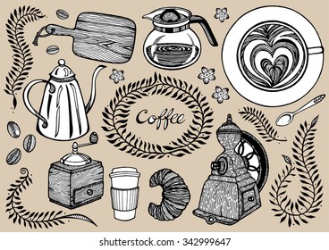hand drawn set of vintage coffee element and flower floral design, vector illustration drawing