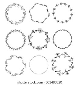Hand drawn set of vintage elements, flowers and leaves, birds, ribbons and ornaments. Vector hand sketched wreaths. Decoration for your wedding design, scrap booking elements, postcards and logos