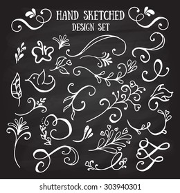 Hand drawn set of vintage elements, flowers and leaves, birds, ribbons and ornaments. Vector sketched wreaths. Decoration for your wedding design, scrap booking elements, postcards and logos
