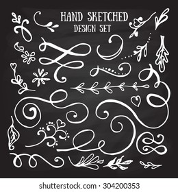 Hand drawn set of vintage elements, flowers and leaves, birds, ribbons and ornaments. Vector hand sketched illustration. Decoration for your wedding design, scrap booking elements, postcards and logos