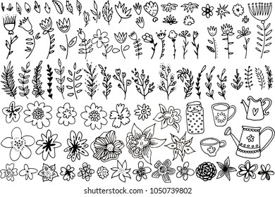 Hand drawn set vintage floral elements for your dwsign. Vector. Isolated.