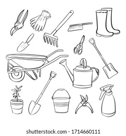 Hand drawn set of vintage isolated garden equipment tools. Vector illustration. Doodle style