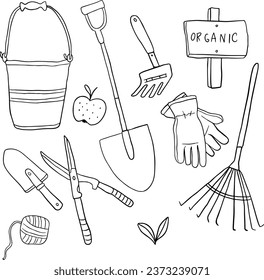 Hand drawn set of vintage isolated garden equipment tools. illustration, line vector set 