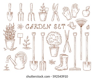 hand drawn set of vintage isolated garden equipment silhouettes