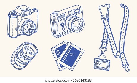 Hand Drawn Set of Vintage Photography Tools and Equipment for Creative Projects
