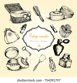 Hand drawn set of vintage womens cosmetics. Vector illustration