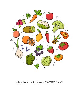 Hand drawn set of vitamin C sources. Vegetables, fruits, berries. Doodle sketch style. Vector color illustration for banner, website, background and more.