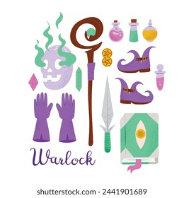 Hand drawn set with Warlock or Necromancer DnD character goods and loot, RPG board game vector illustration, isolated on white