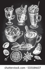 Hand drawn set of warming beverages. Vector isolated elements, collection of hot drinks and spices. Template for menu design, posters, flyers.