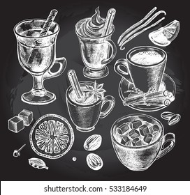 Hand drawn set of warming beverages. Vector isolated elements, collection of hot drinks and spices. Template for menu design, posters, flyers.