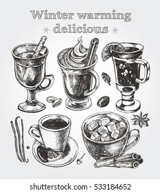 Hand drawn set of warming beverages. Vector isolated elements, collection of hot drinks and spices. Template for menu design, posters, flyers.